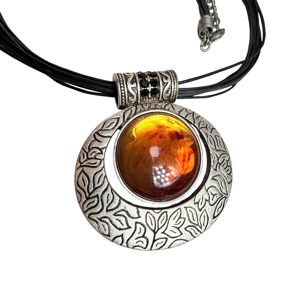 Lia Sophia Crescent Moon Necklace Amber Resin Silver Tone Boho Celestial Cord - Picture 4 of 5